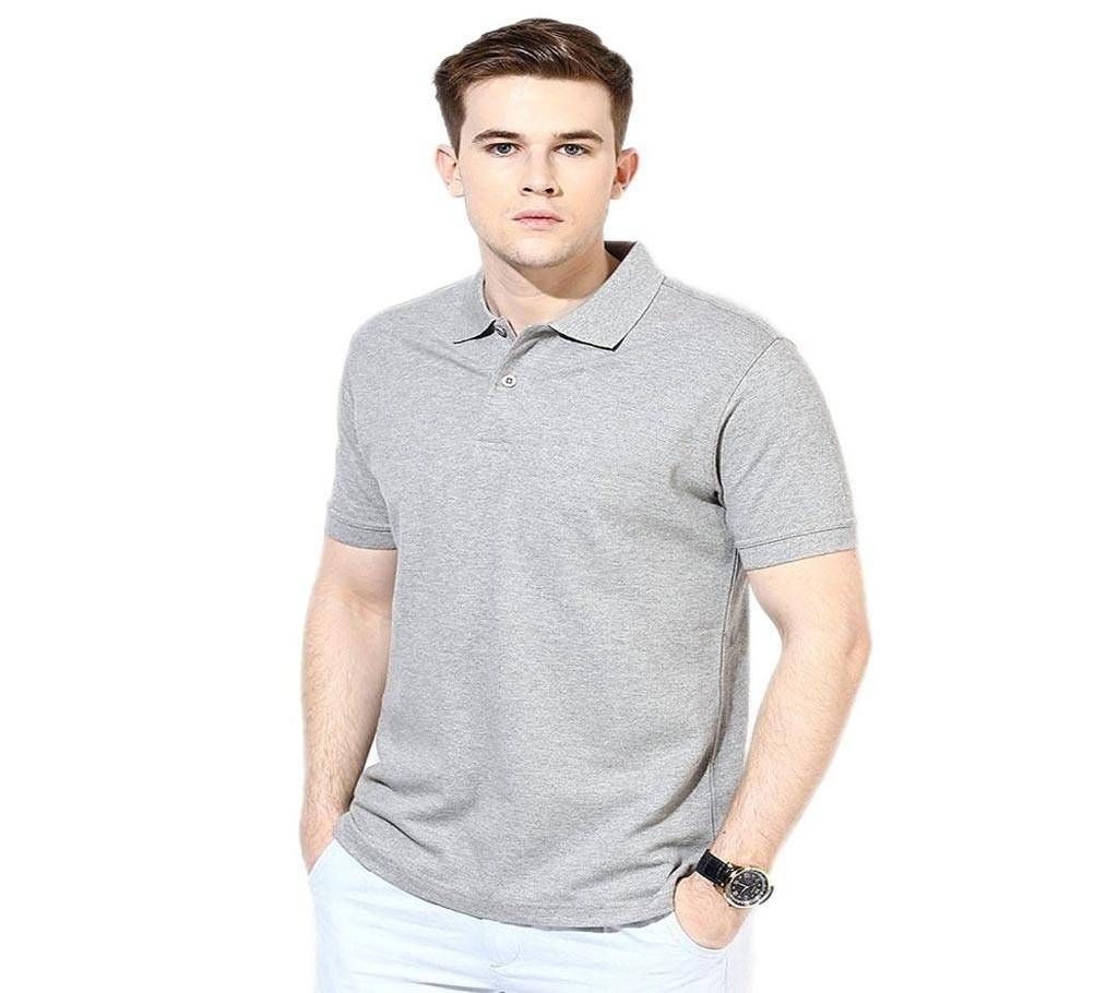 Grey Cotton Polo-Shirt For Men