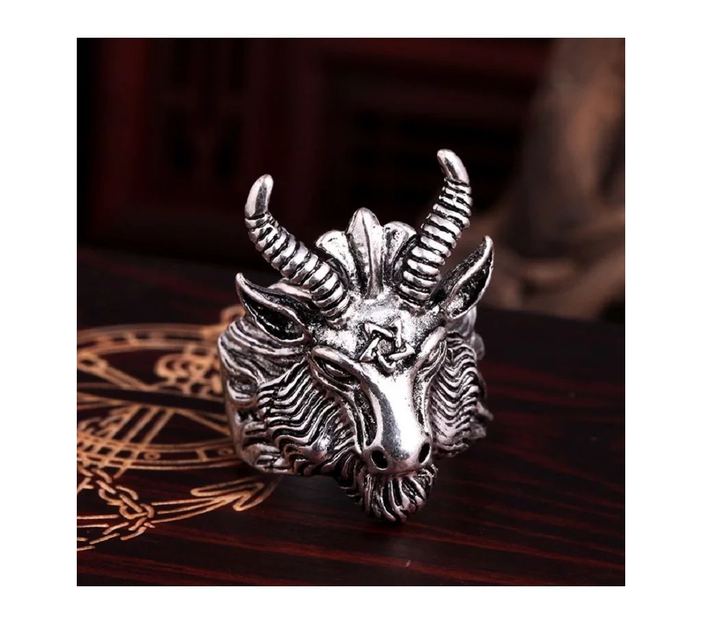 Fashion Punk Style Stainless Steel Ring Antique Silver Pentacle Satanic Goat Sheep Head Rock Ring Vintage Mens Jewelry