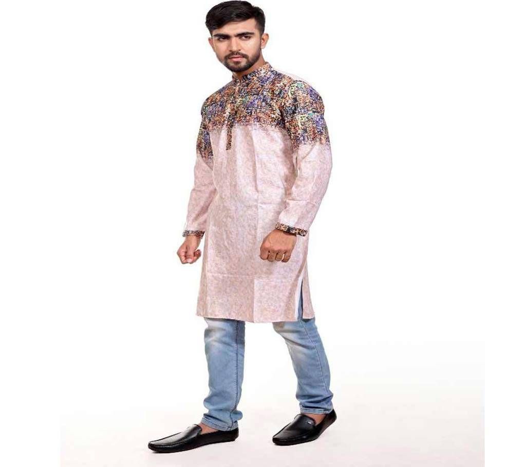 Indian Cotton Panjabi For EID - Creamy Pink and Solder Multi Color Design
