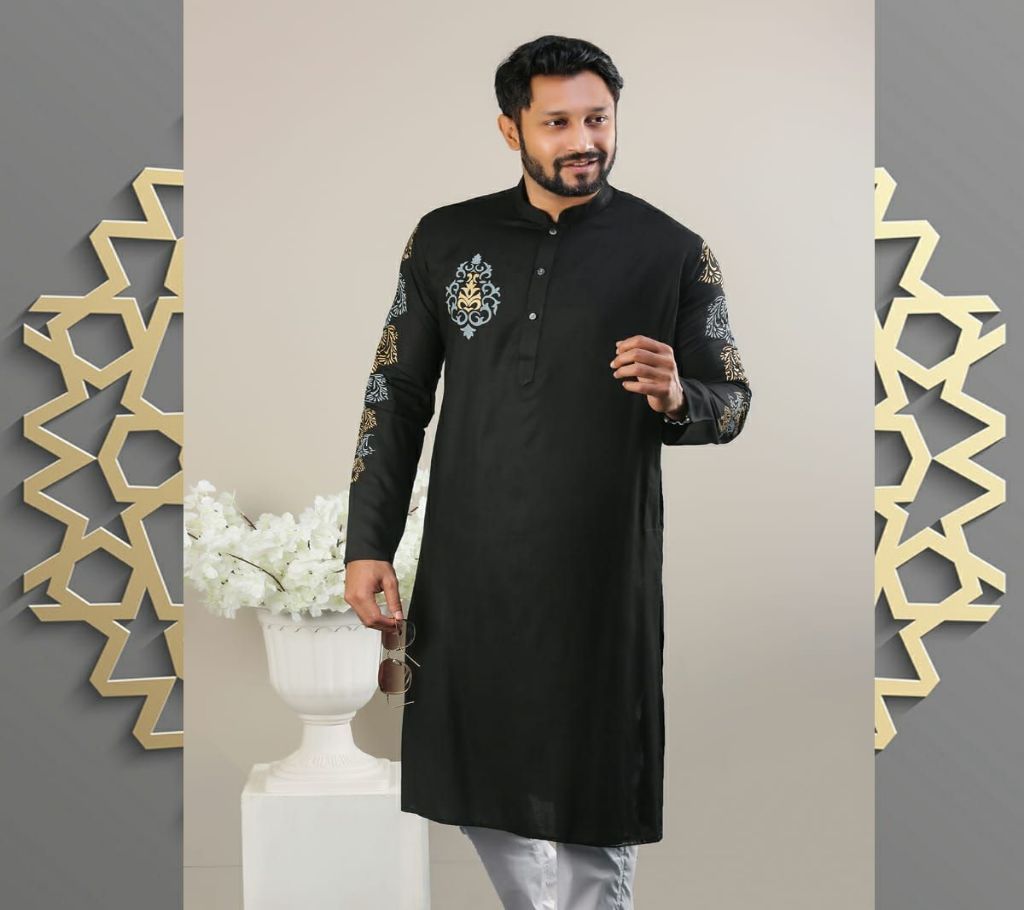 44  Mens Semi Long Panjabi  16  Black with Design in Hand and Chest