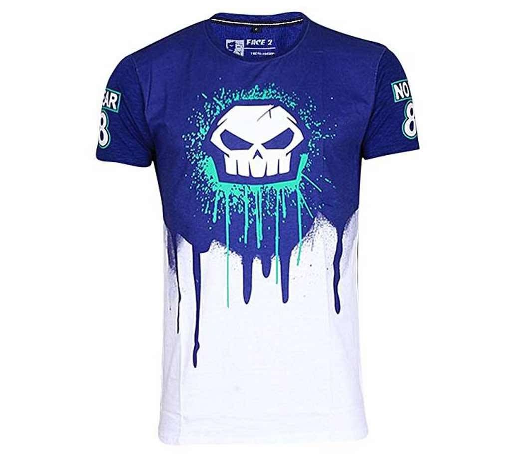 White and Blue Cotton Short Sleeve T-Shirt for Men