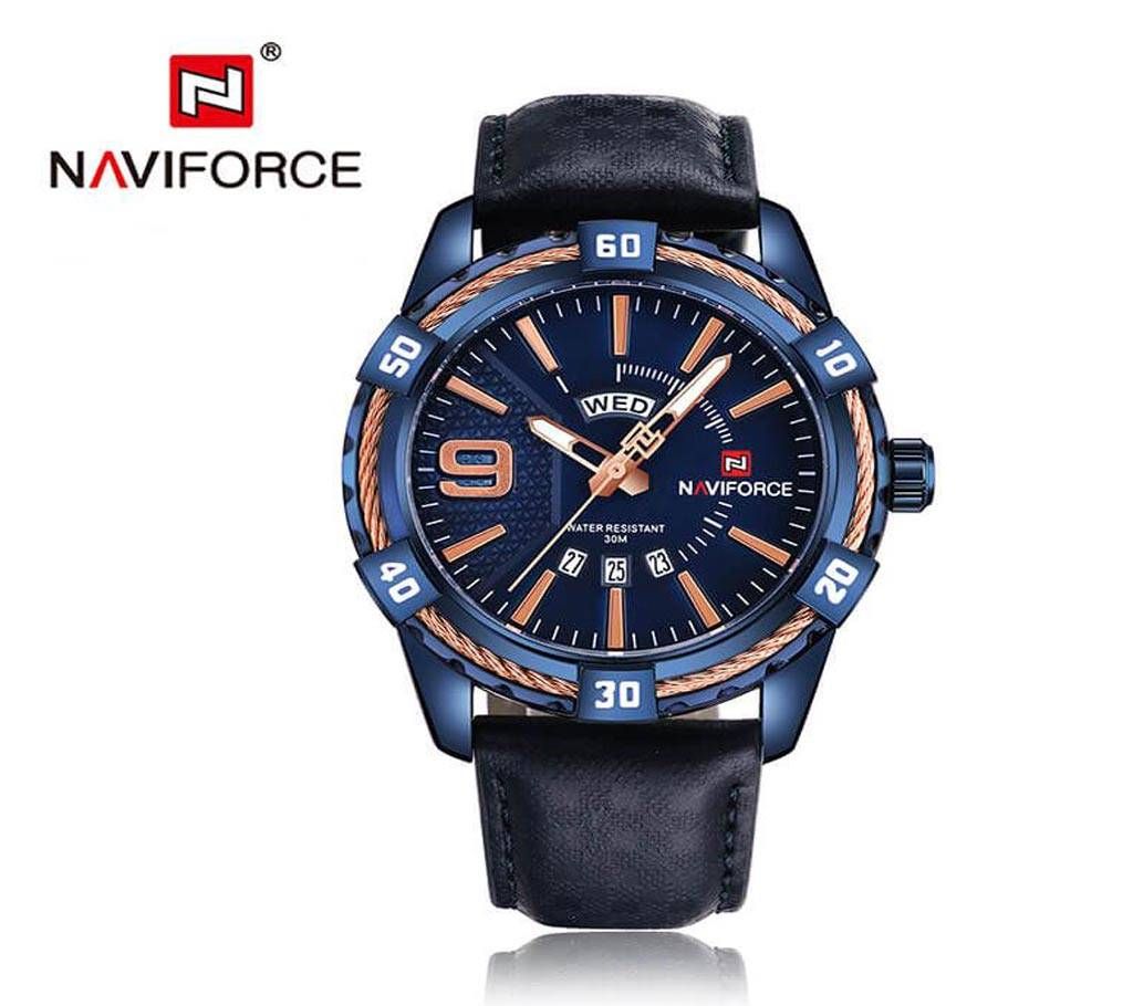 NAVIFORCE NF9117 - Genuine Leather Analog Watch for Men - Dark Blue