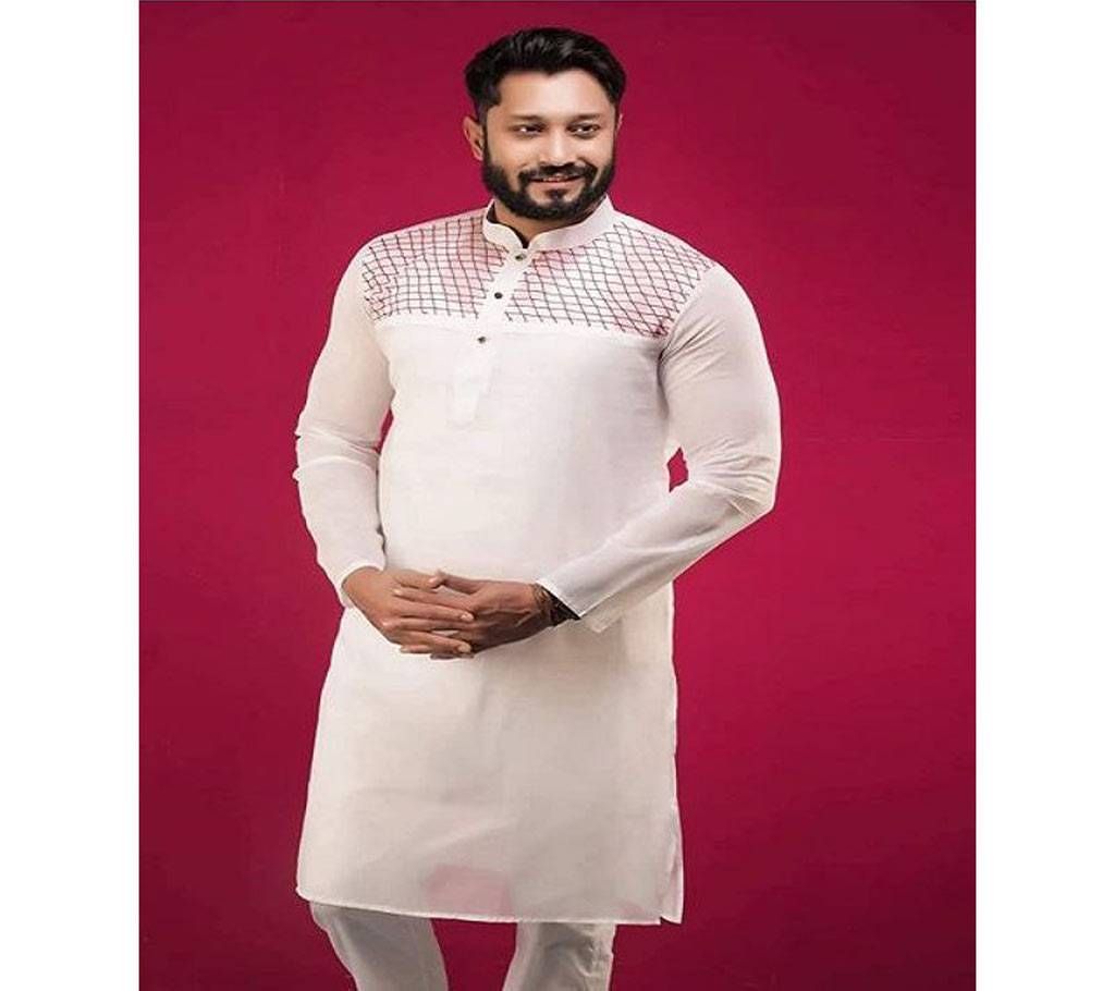 Off White with Red Net Design Around Shoulder Cotton Panjabi  22
