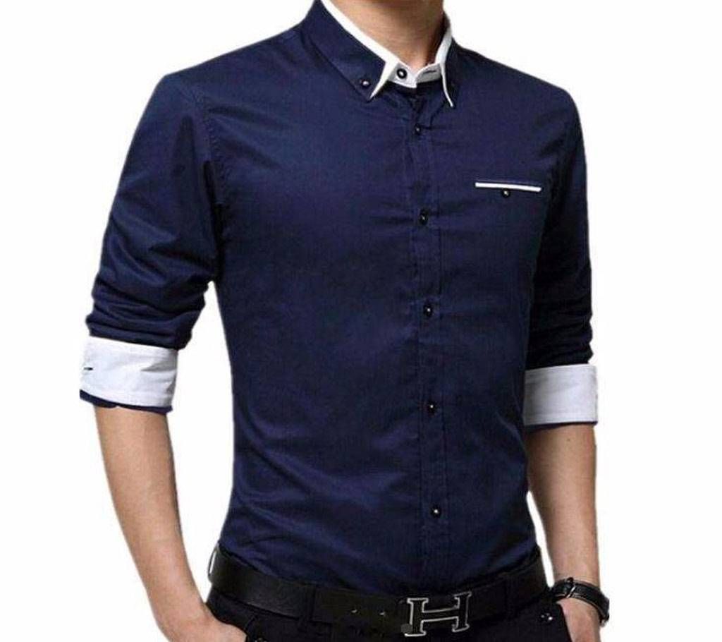 Navy Blue Sleeve Casual Shirt for Men white Hand Fold