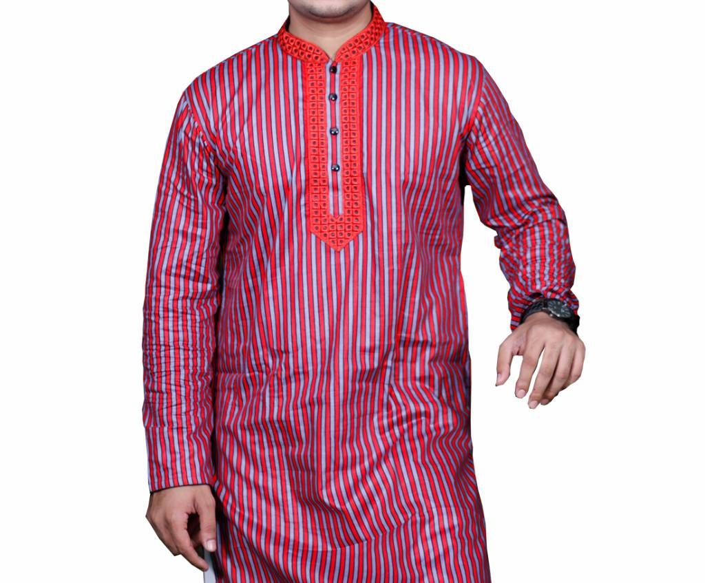 Mens Red Stipe Printed Cotton Panjabi