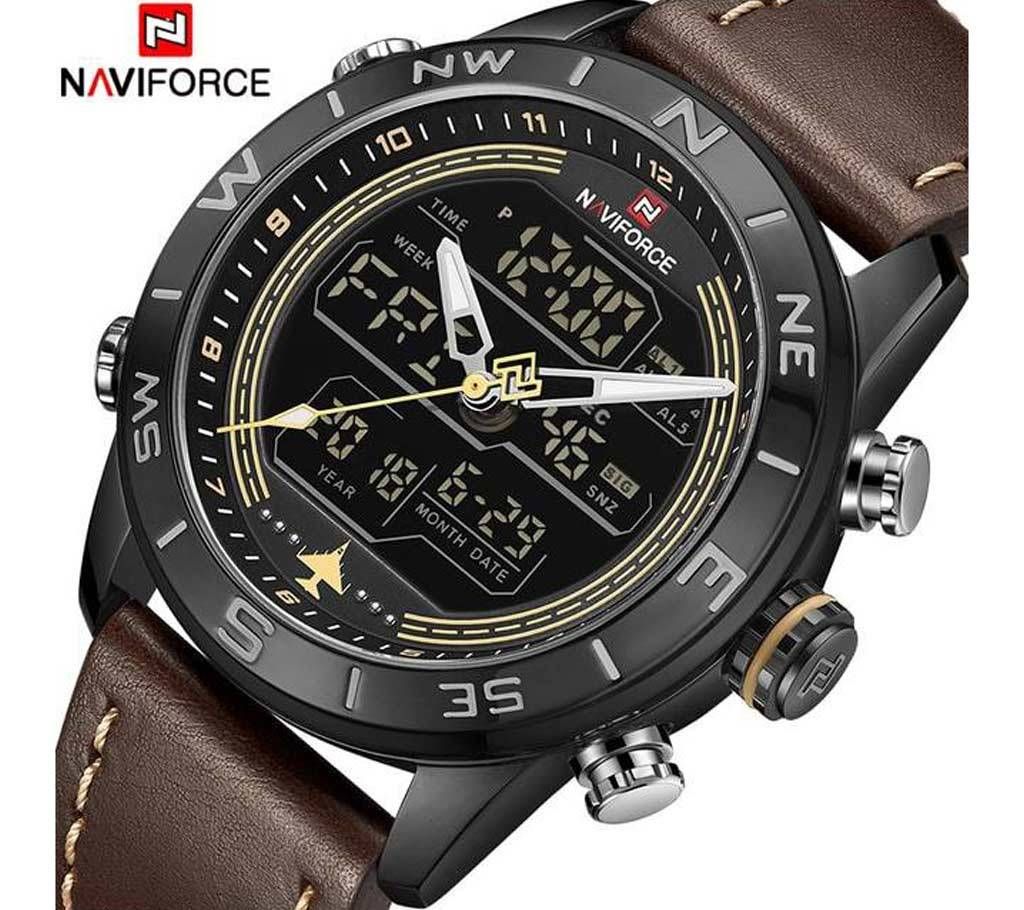 NAVIFORCE NF9144 Mens Double Display PU Leather Watch For Men - BROWN & BLACK