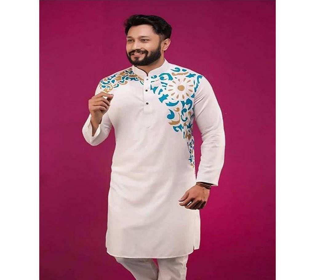 Off White with Blue and Olive Print Design Around Shoulder Cotton Panjabi  21