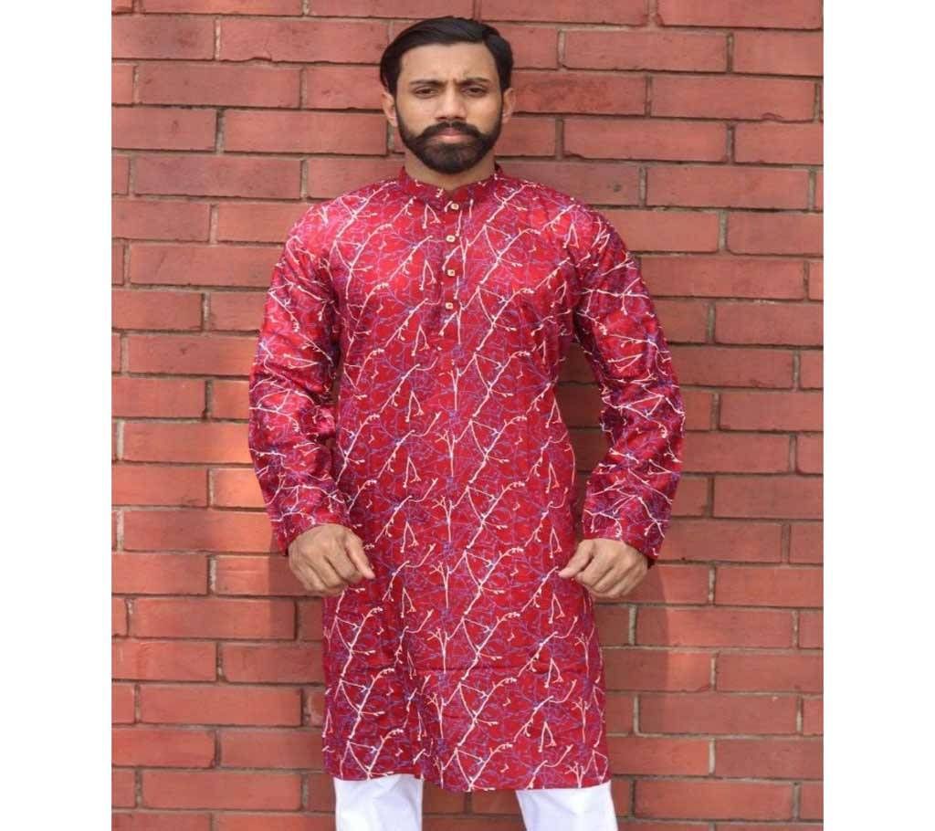 Festive Panjabi Collection - Maroon Color With White And Gold Leaf Print - 190217