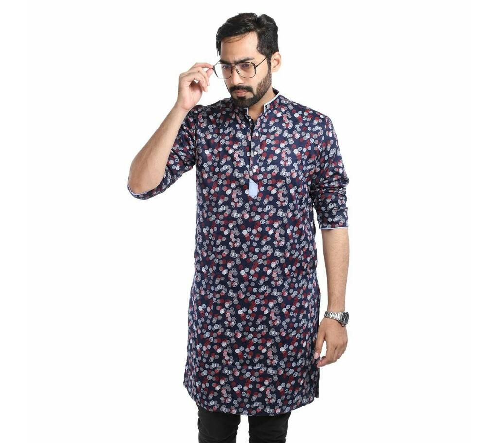 China Cotton Panjabi For Man  Navy Blue with Maroon Ball