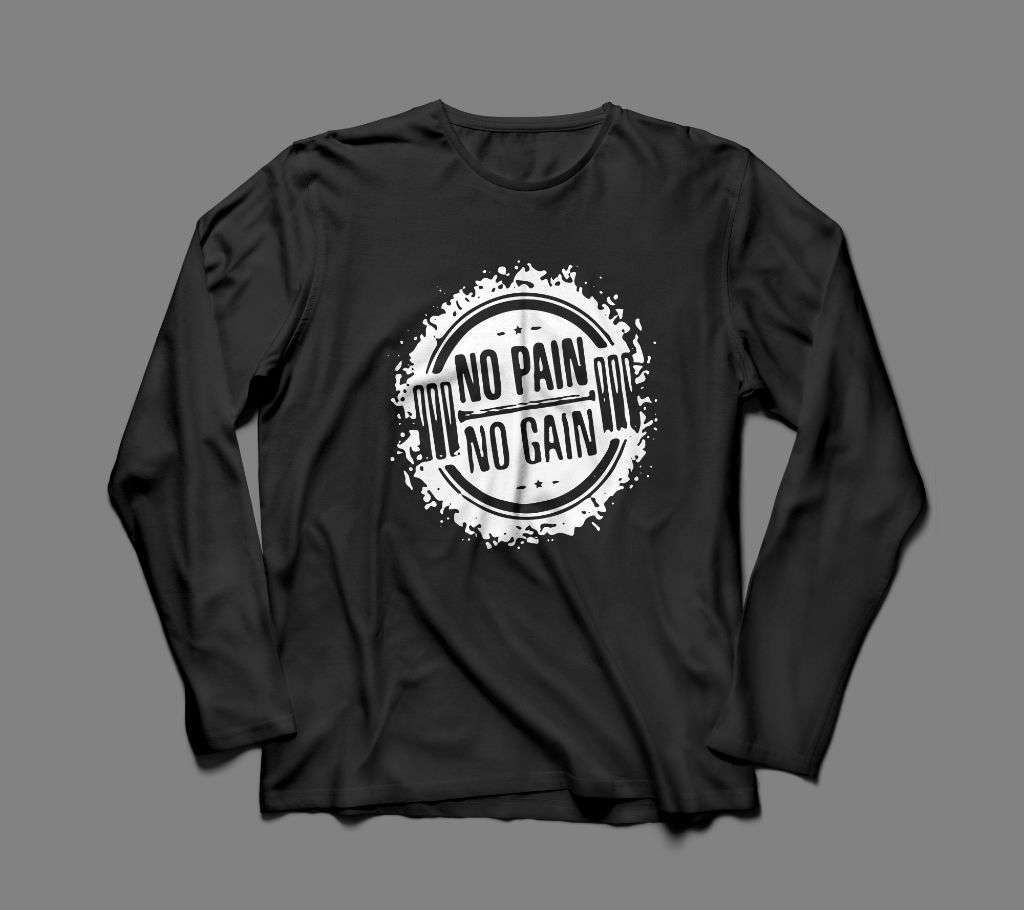 NO PAIN NO GAIN 2 LONG SLEEVE BLACK COTTON TSHIRT FOR MEN