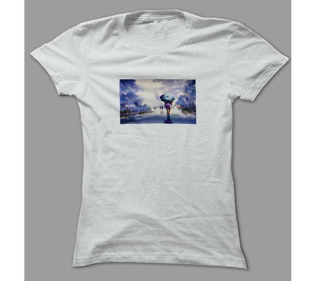 Rainy Scene White Polyester T-Shirt