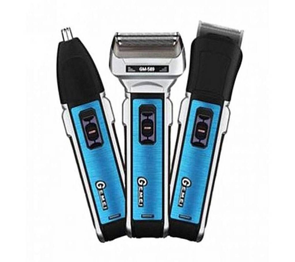 Gemei GM-589 3 in 1 Rechargeable Shaver and Trimmer - Black and Blue