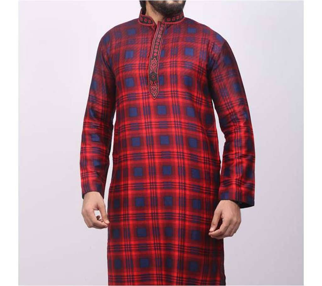 Red and Black Printed Cotton Panjabi For Men