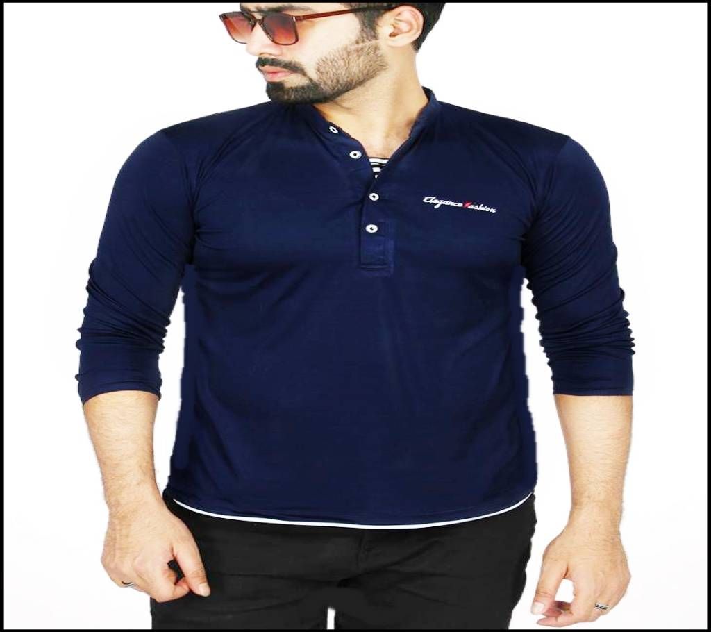 Navy Blue Micro Full Sleeve Cotton T-shirt