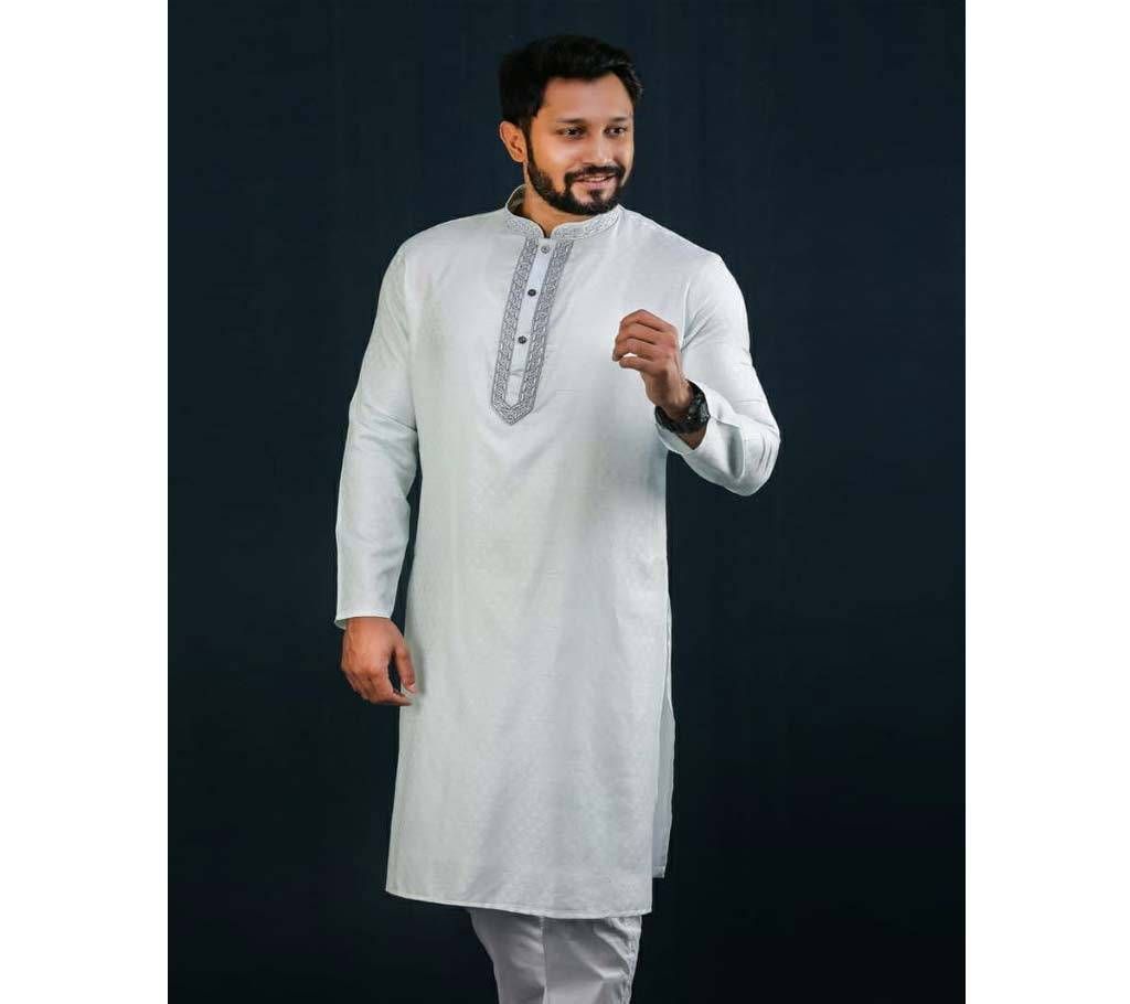 Mens Semi Long Panjabi - 32 - Powder Blue Ash with White Design in Neck(Code-SU782)