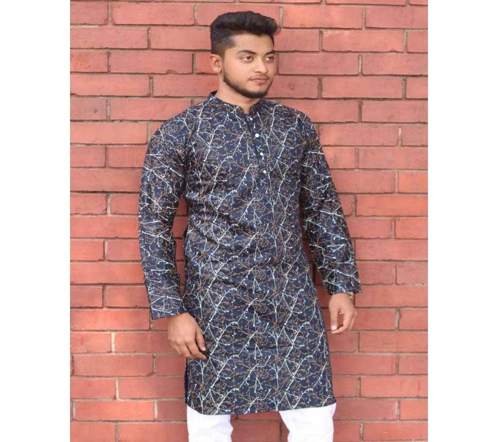 Festive Panjabi Collection - Black Color With White And Gold Leaf Print - 190218