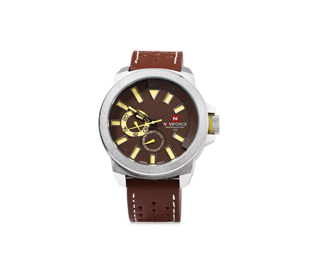 NAVIFORCE NF9064 Chocolate PU Leather Chronograph Watch For Men - Chocolate & Silver