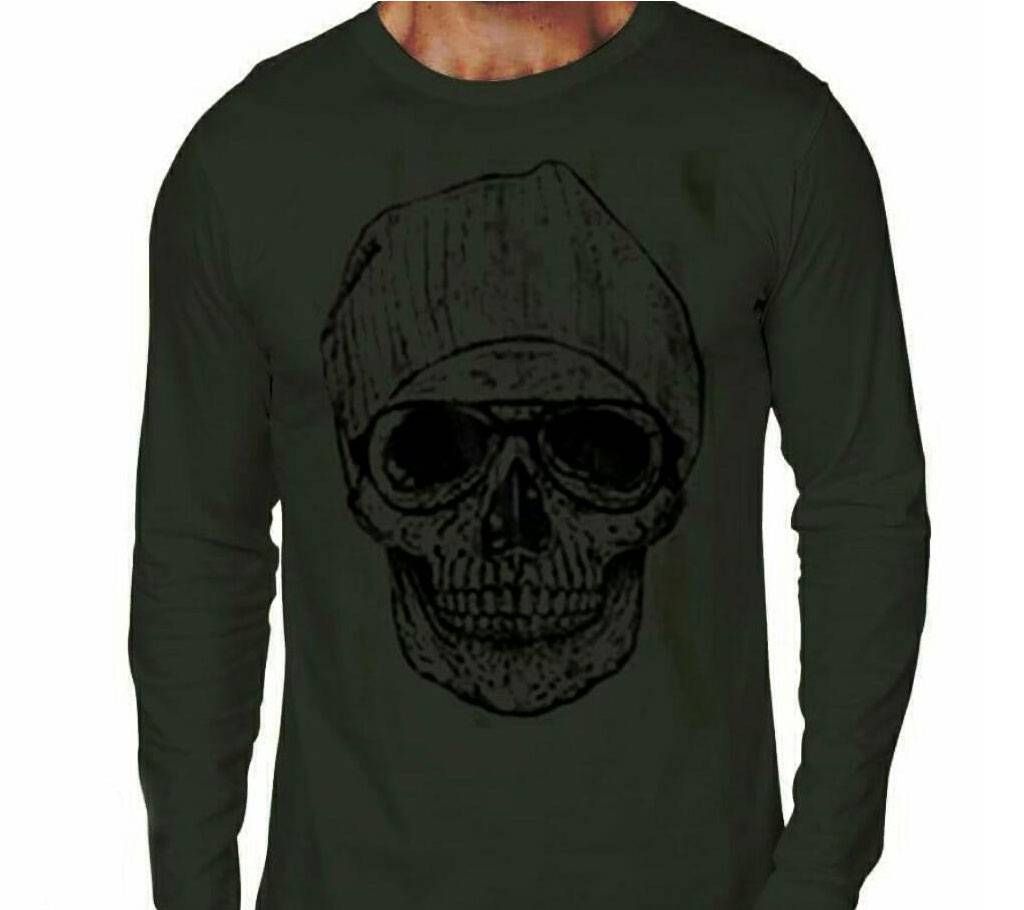 Skull Hat Olive Menz Round Neck Full Sleeve T-Shirt