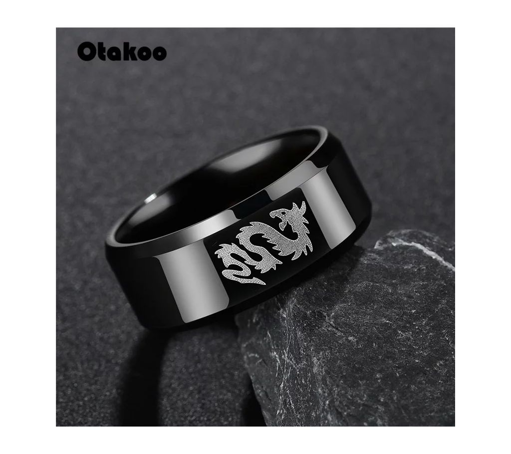 Liumo Trendy Simple Black Punk Style Dragon Men Stainless Steel Statement Biker Ring