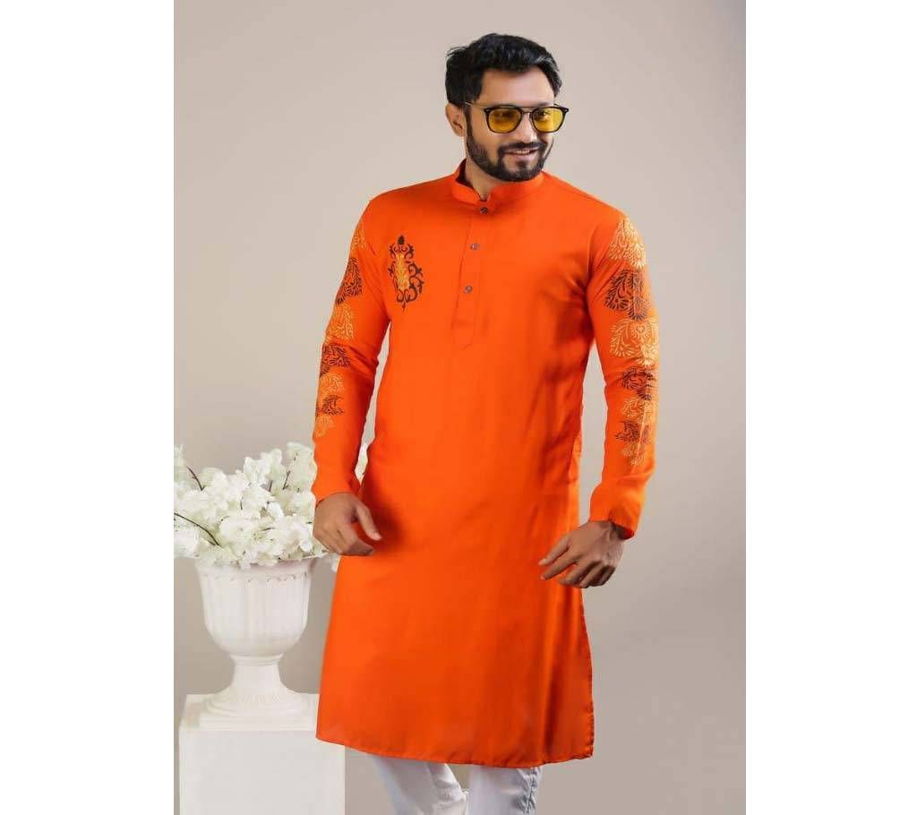 Mens Semi Long Panjabi - 28 - Orange with Design in Hand and Chest(Code-SU783)