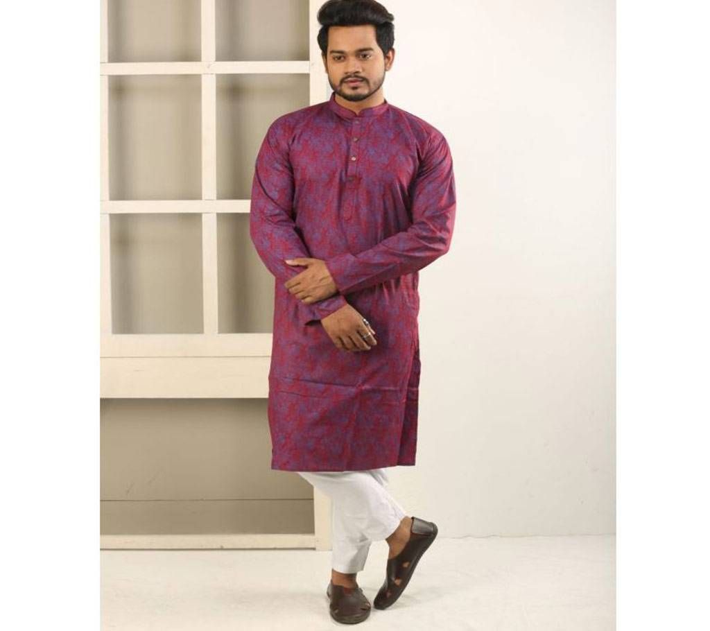 Cotton Punjabi  Maroon with Blue Shade Leaf Design 
