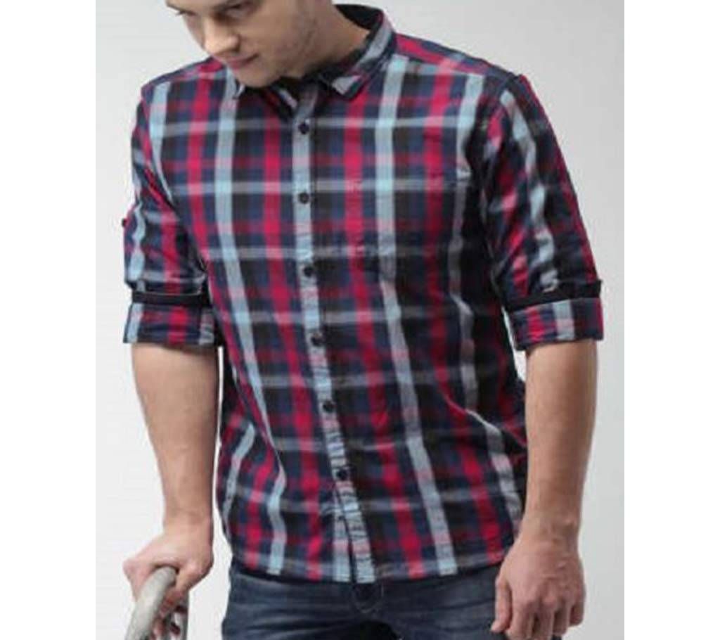 Cotton Long Sleeve Shirt for Mens-Red black and white Stripe Check 