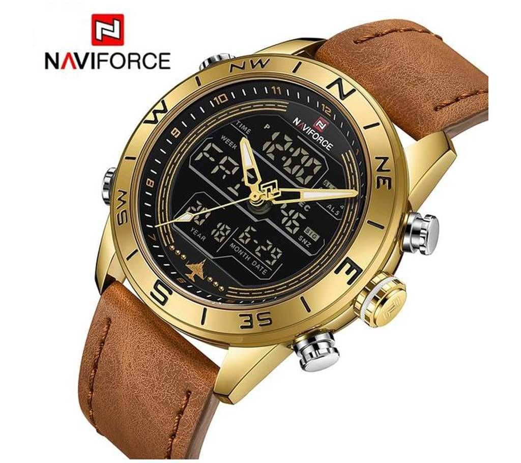 NAVIFORCE NF9144 Men's Double Display PU Leather Watch For Men - GOLDEN & BROWN