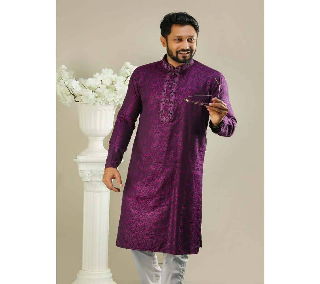 Mens Semi Long Panjabi - 24 - Purple with Multi Design and Design in Neck(Code_SU784)