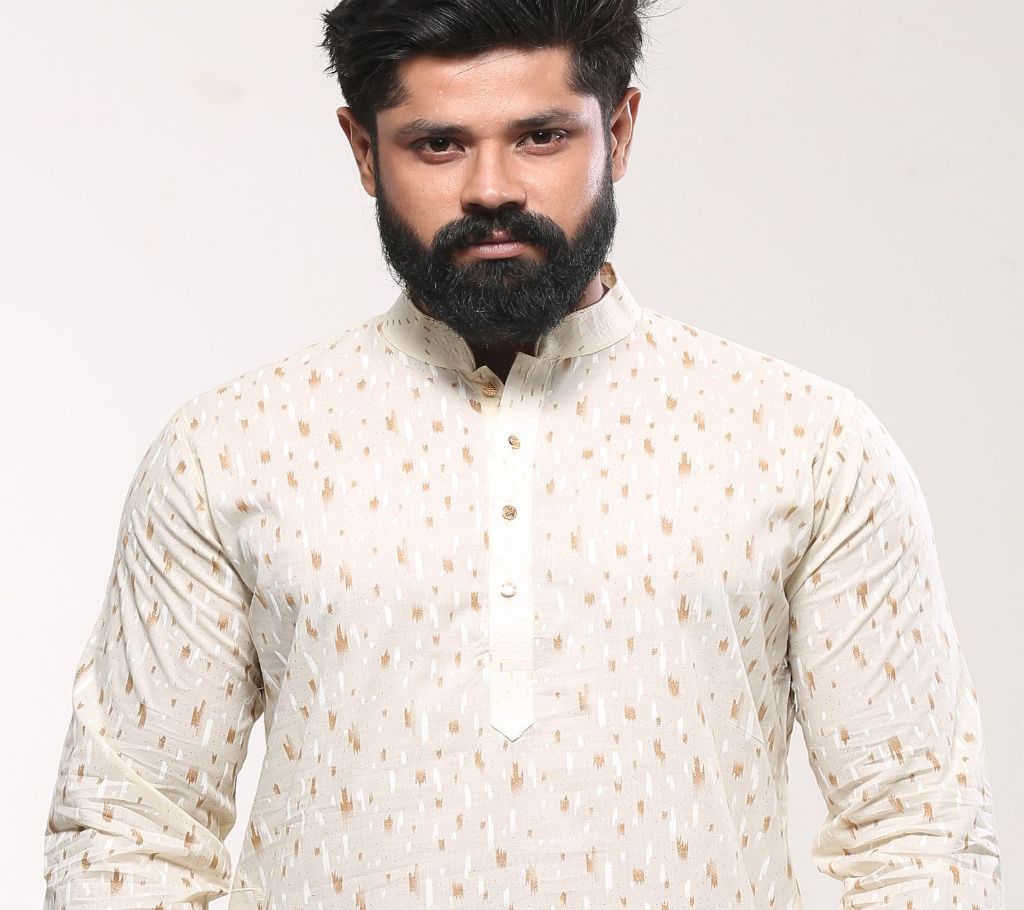 Mens Cotton Punjabi- White Beige Printed