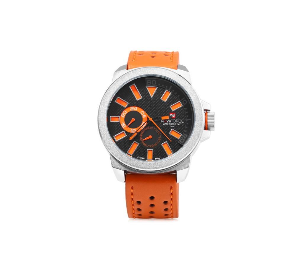 NAVIFORCE NF9064 Brown PU Leather Chronograph Watch For Men - Orange & Silver