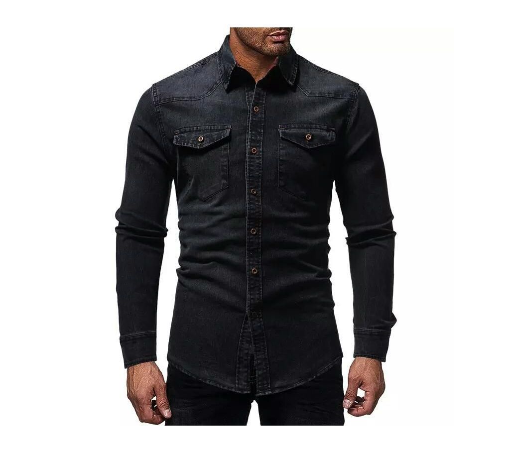 Black Denim Long Sleeve Casual Shirt for Men - 001 - UPF