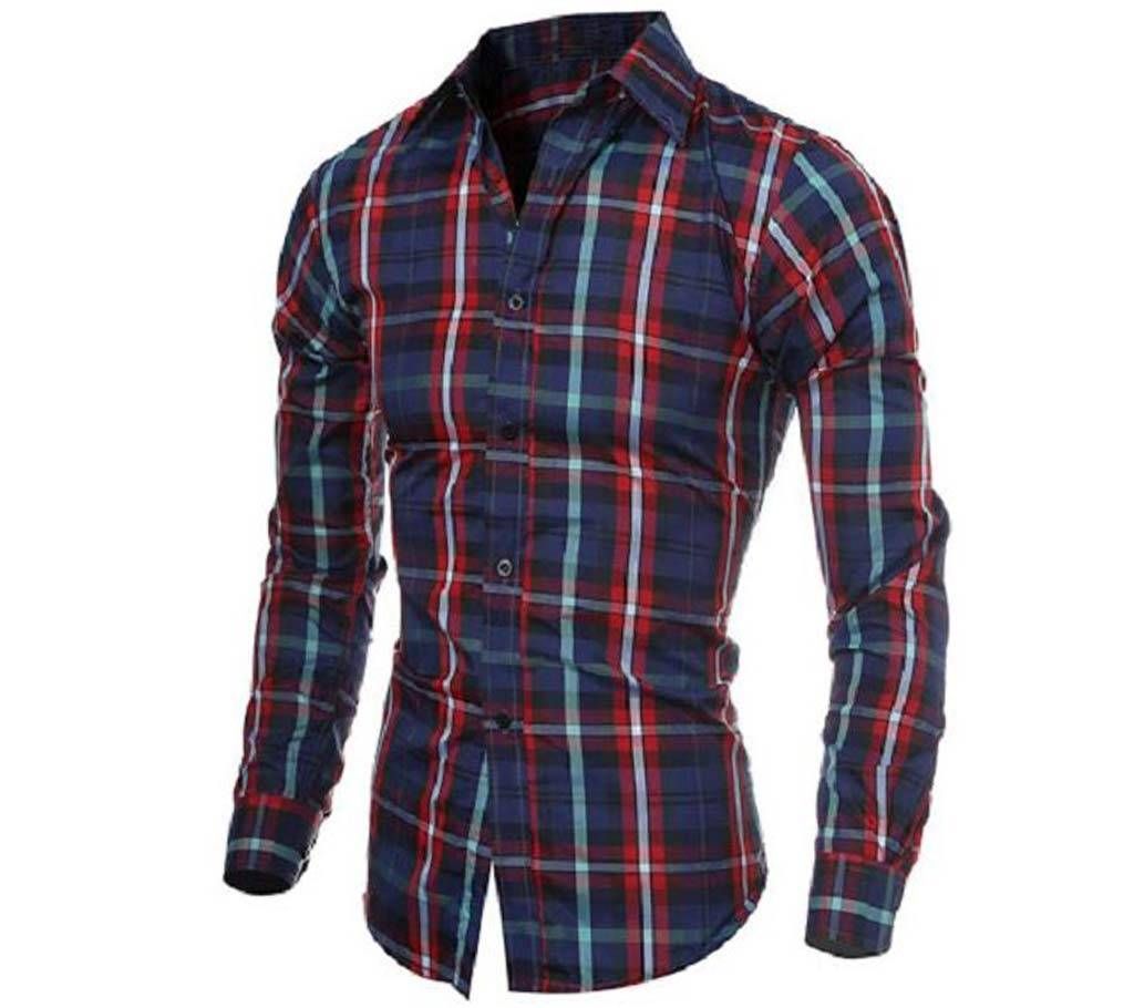 Multicolor Cotton Long Sleeve Shirt for Men-Blue Red and white check 