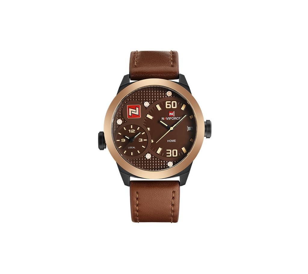 NAVIFORCE NF9092 Dark Brown PU Leather Dual Time Chronograph Analog Watch For Men - RoseGold & Dark Brown