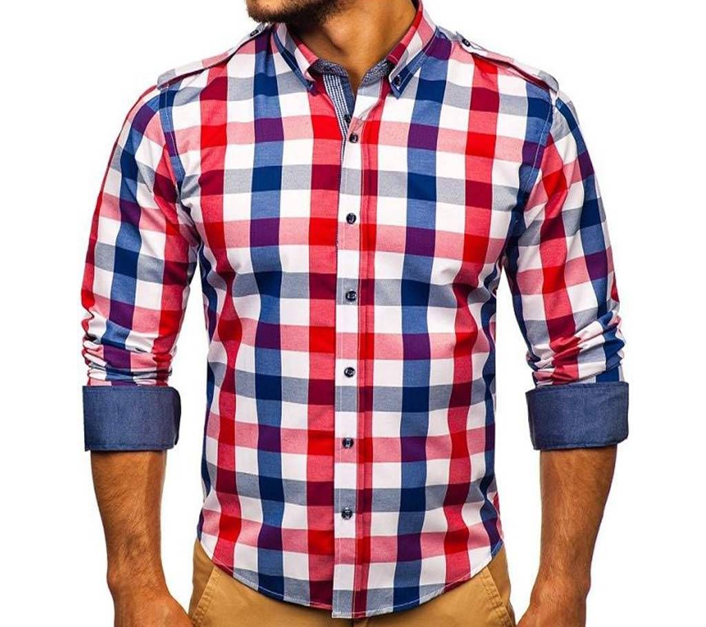 Multicolor Cotton Long Sleeve Shirt for Men-Red Whtie and blue stripes