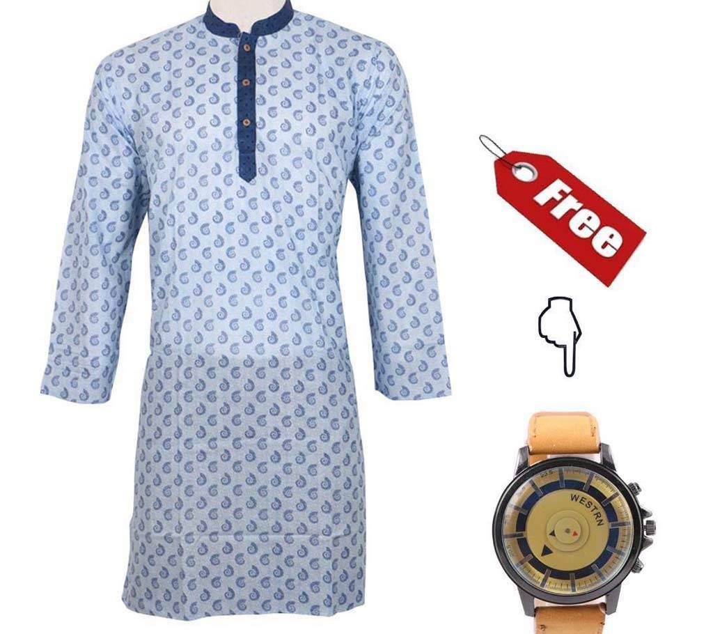 Printed Cotton Punjabi with Free Gents Wristwatch