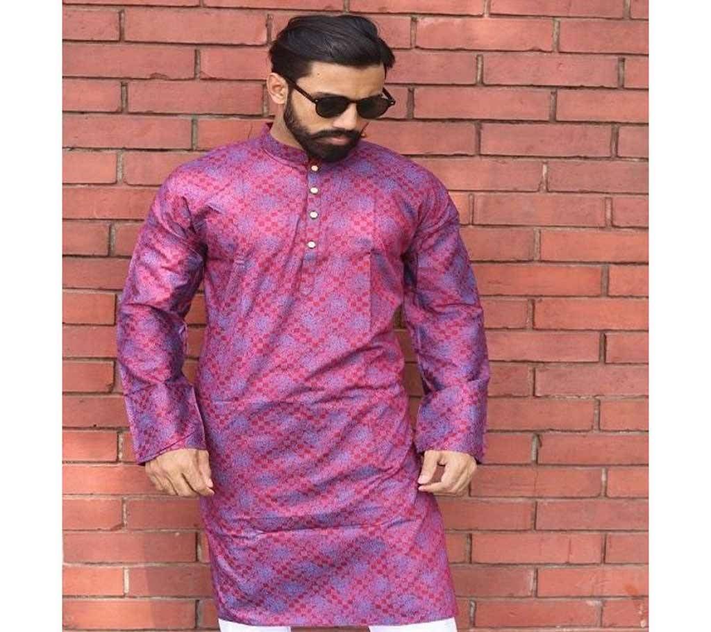Menz Semi Long Panjabi - Maroon Color With Megenta Color Flower Print-(SU420)
