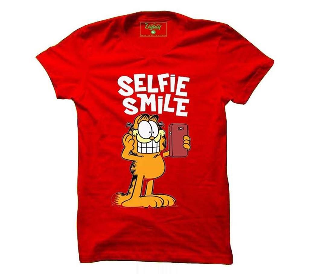Cotton Rubber print T-Shirt - Red - Selfie Smile(Code-SU798)