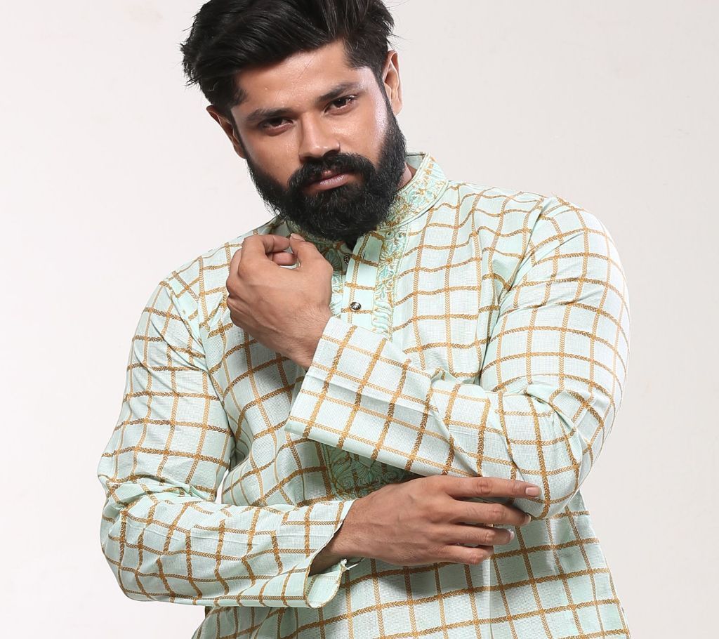 Mens Cotton Punjabi- Mint Brown Check
