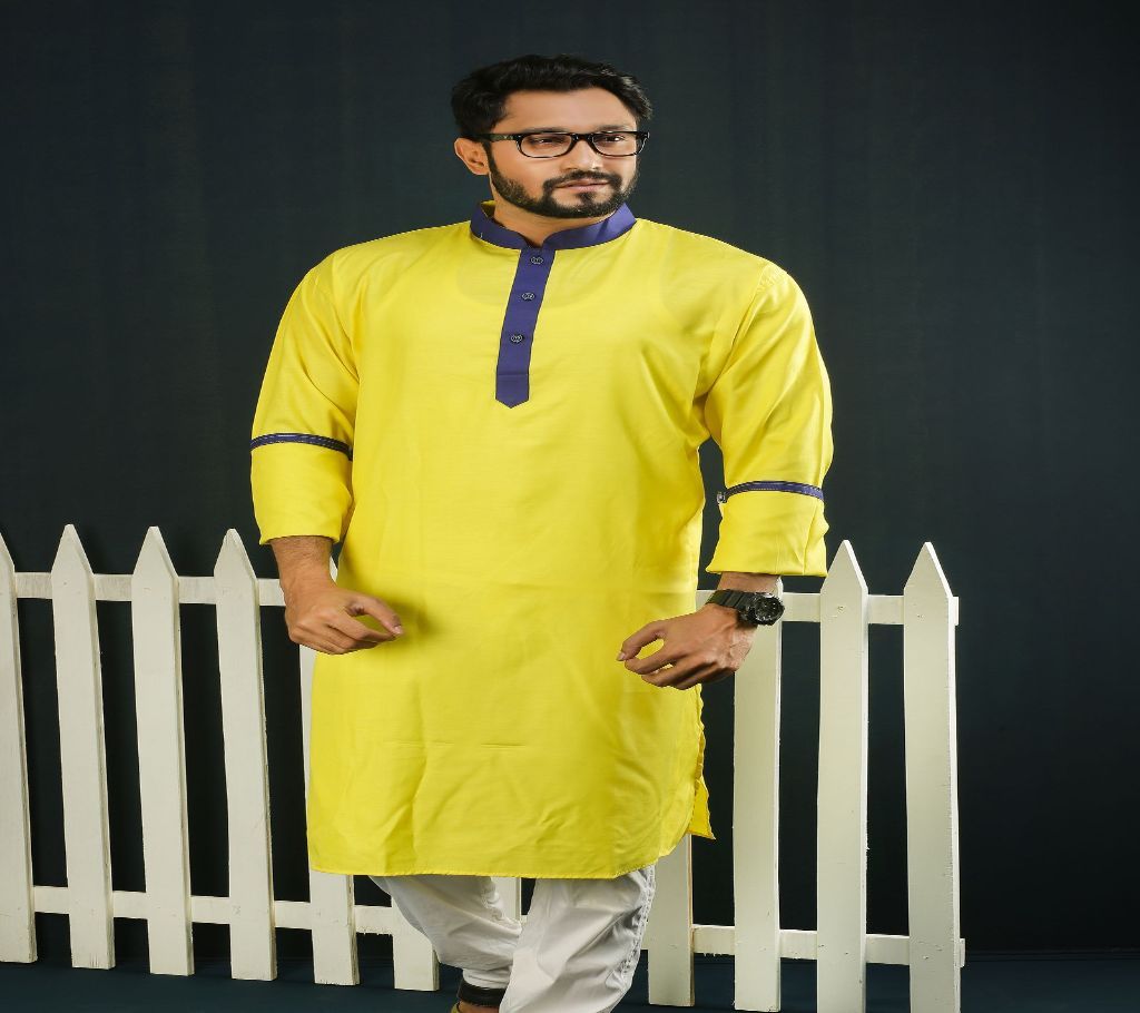 Stylish Semi Long Panjabi - Yellow with Navy Blue Neck - 231