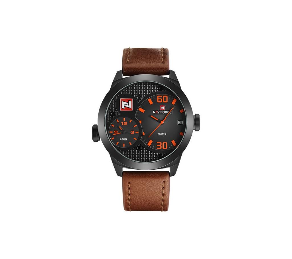 NAVIFORCE NF9092 Dark Brown PU Leather Dual Time Chronograph Analog Watch For Men - Orange & Dark Brown