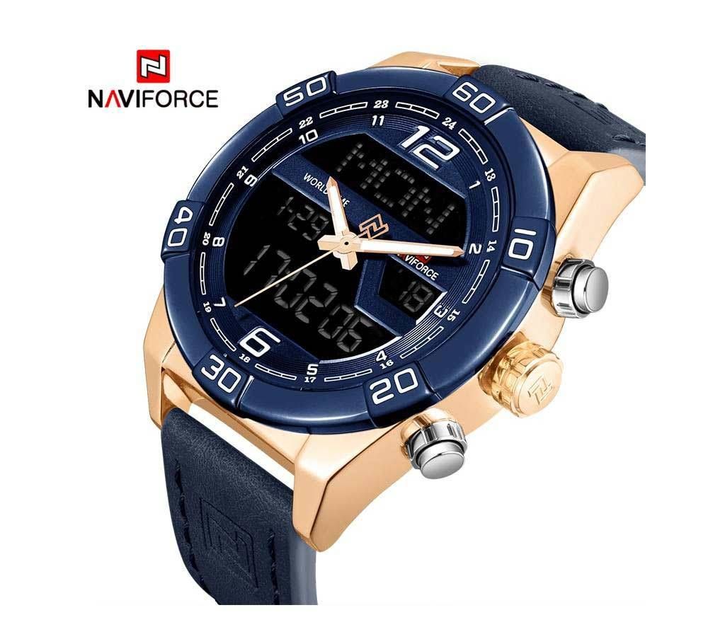 NAVIFORCE NF9128 Men's Double Display PU Leather Watch For Men - BLUE & ROSE GOLD