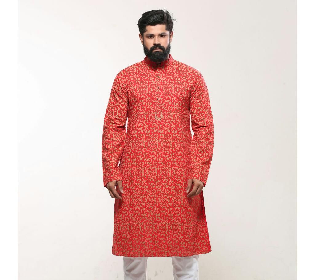 Mens Cotton Punjabi - Red Gold Victorian Print