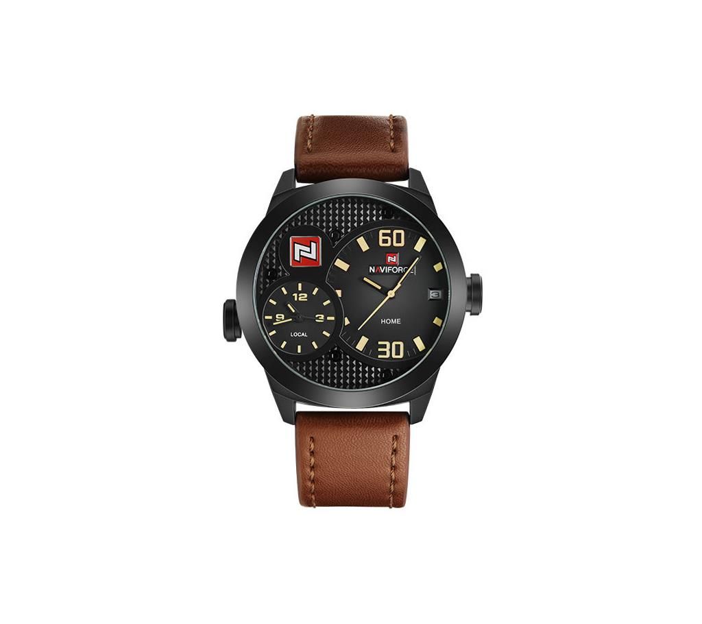 NAVIFORCE NF9092 Dark Brown PU Leather Dual Time Chronograph Analog Watch For Men - Black & Dark Brown