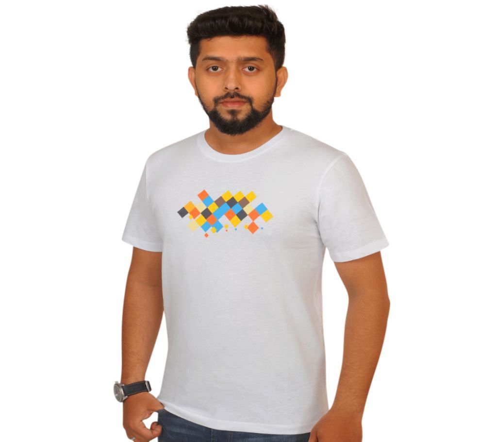 Designed Half Sleeve Cotton T shirt For Men-White