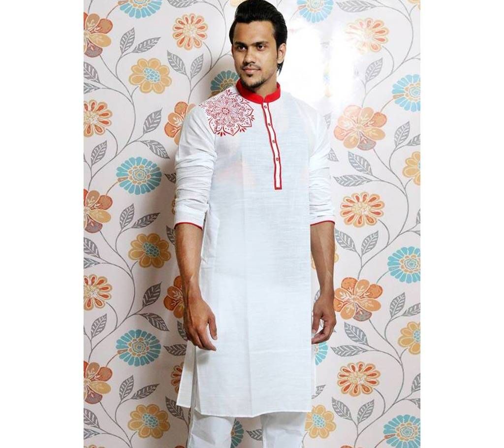 White Screen printed Panjabi for Men 