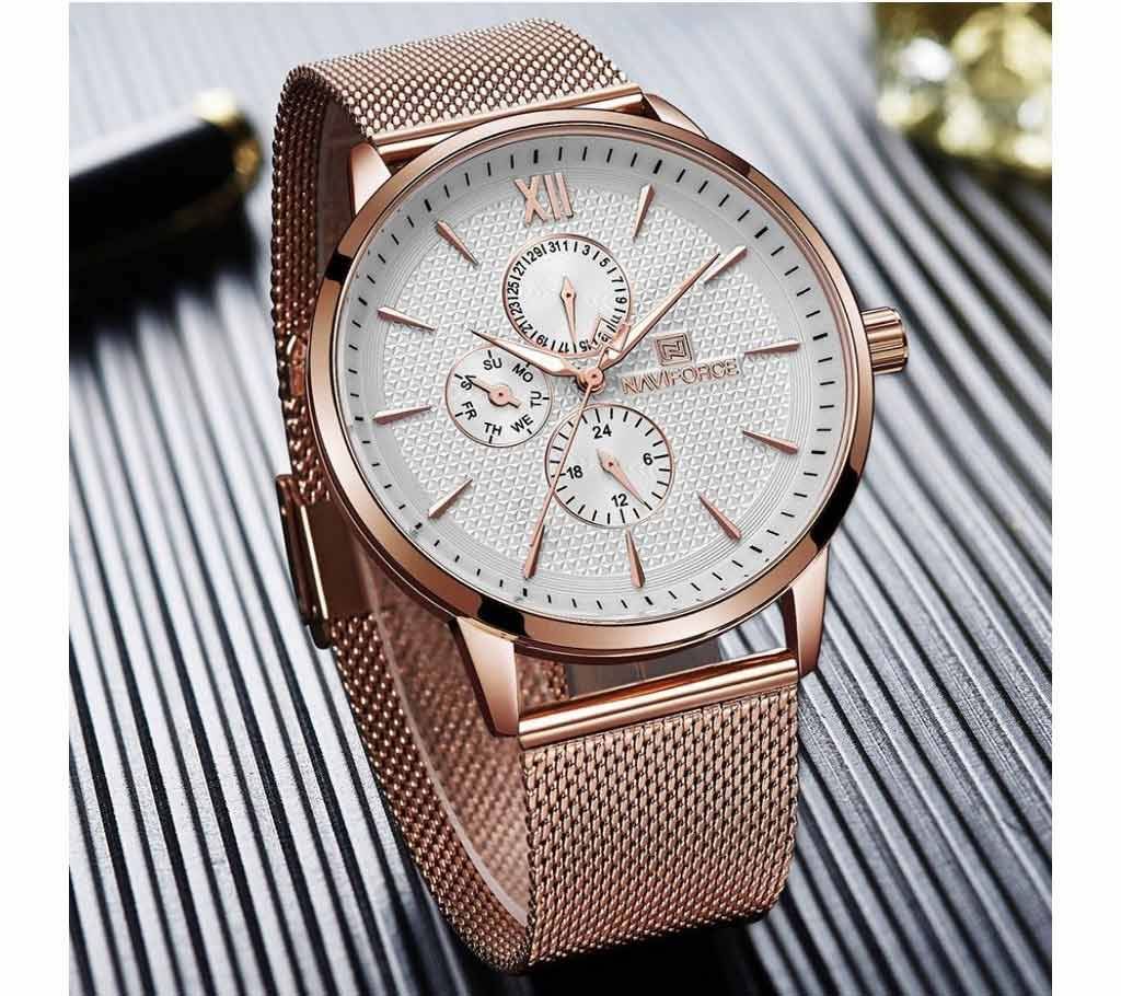NAVIFORCE 3003 Chronograph Business Casual Quartz Watch Rose Gold Slim Mesh Stainless Steel Week Date Display