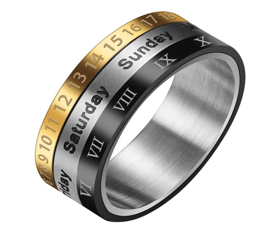 Liumo Rotatable 3 Part Roman Numerals Spinner Date Time Calendar Men Stainless Steel Statement Gold Black Color Ring
