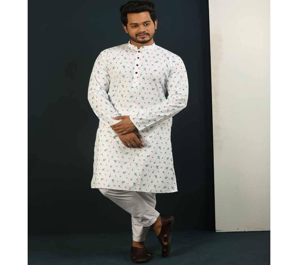 Cotton Punjabi - White with Paste Small Flower Print - 191127