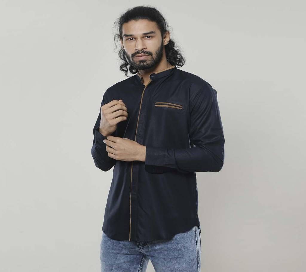 Deep Navy Blue Cotton Long Sleeve Casual Shirt For Men