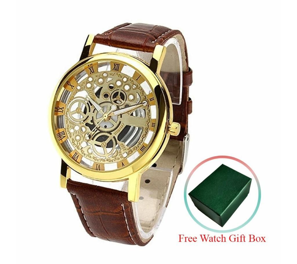 Gold Dial PU Leather Wrist Watch For Men With Watch Gift Box